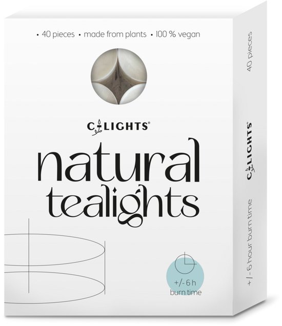 Doos met 40 C-lights natuurlijke theelichtjes, 100% vegan, ca. 6 uur brandtijd.