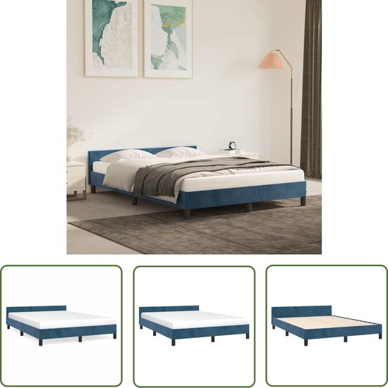 Structure de lit en velours bleu foncé avec tête de lit et matelas, avec sommier à lattes en bois.