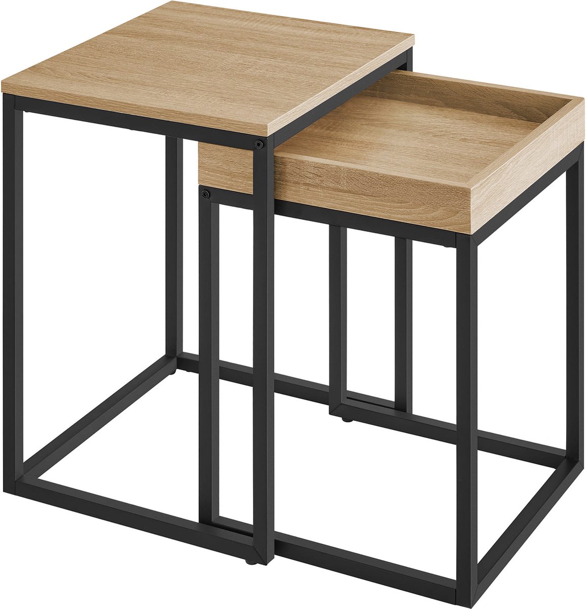 Bijzettafels SONOMA - Set van 2, Industriële Stijl, Stalen Frame, Kleur: Eiken Sonoma en Zwart, 55 x 45 x 40 cm, 51 x 40 x 38 cm