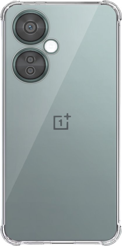 Transparant hoesje met een dubbele camera opstelling op de achterkant van een OnePlus telefoon.
