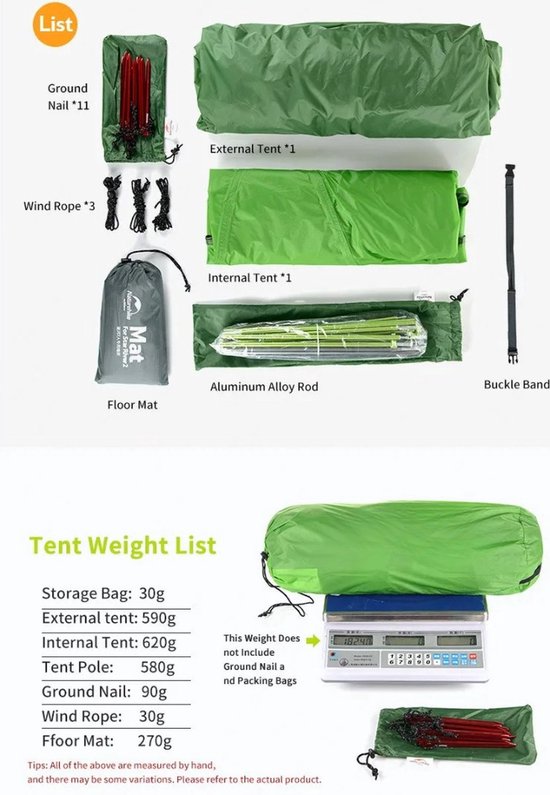 Tent - Tunneltent - 1 cabine - 2 Slaapplaatsen - 2 Personen - Lichtgewicht - Draagbaar - 4 Seizoenen - Nylon - Groen van Merkloos — afbeelding 4