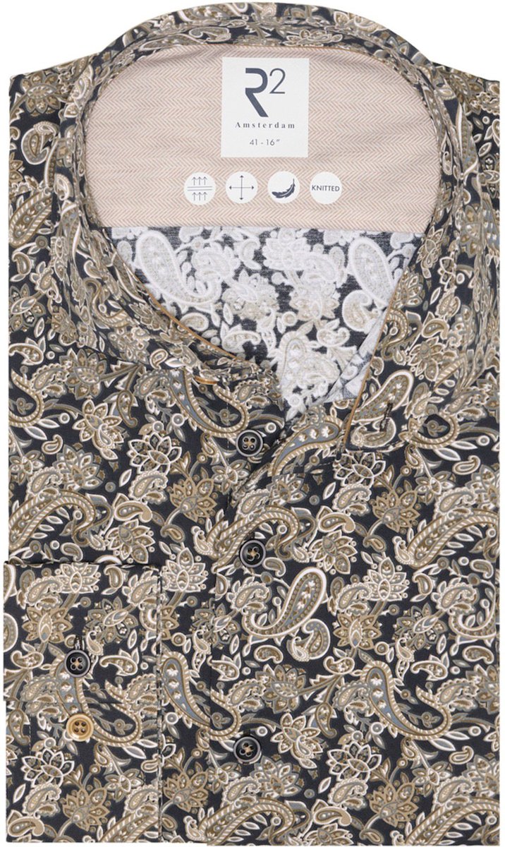 R2 Overhemd Knitted Paisley Beige - Maat 39 - Heren - Overhemden Casual