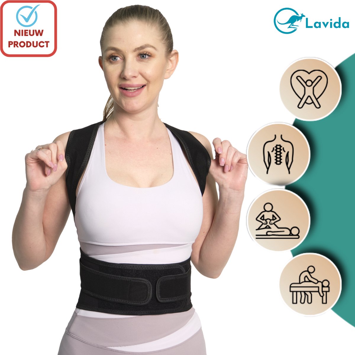 Lavida® Rugbrace -Rugband -Schouders, Nek & Onderrug -Postuur Corrector - Houding Correctie -Tegen Rugklachten -Zwart- L
