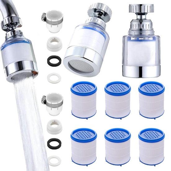 RXKFIGX 2 stuks water-kalkfilters van de kraan, 360 graden draaibaar, waterkraan, waterfilter voor kraan met 6 filterelementen van PP-katoen, filter