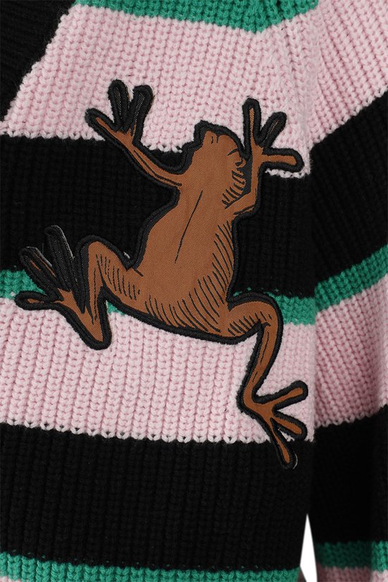 Zwarte gebreide cardigan met roze, groene en zwarte strepen, met opgestikte bruine kikker.