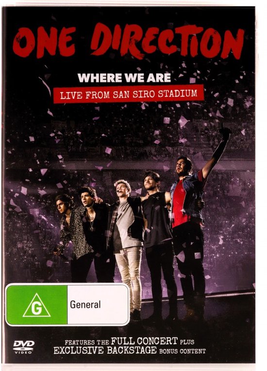 One Direction 'Where We Are' DVD hoes, met live optreden op San Siro stadion. Vijf bandleden op podium.