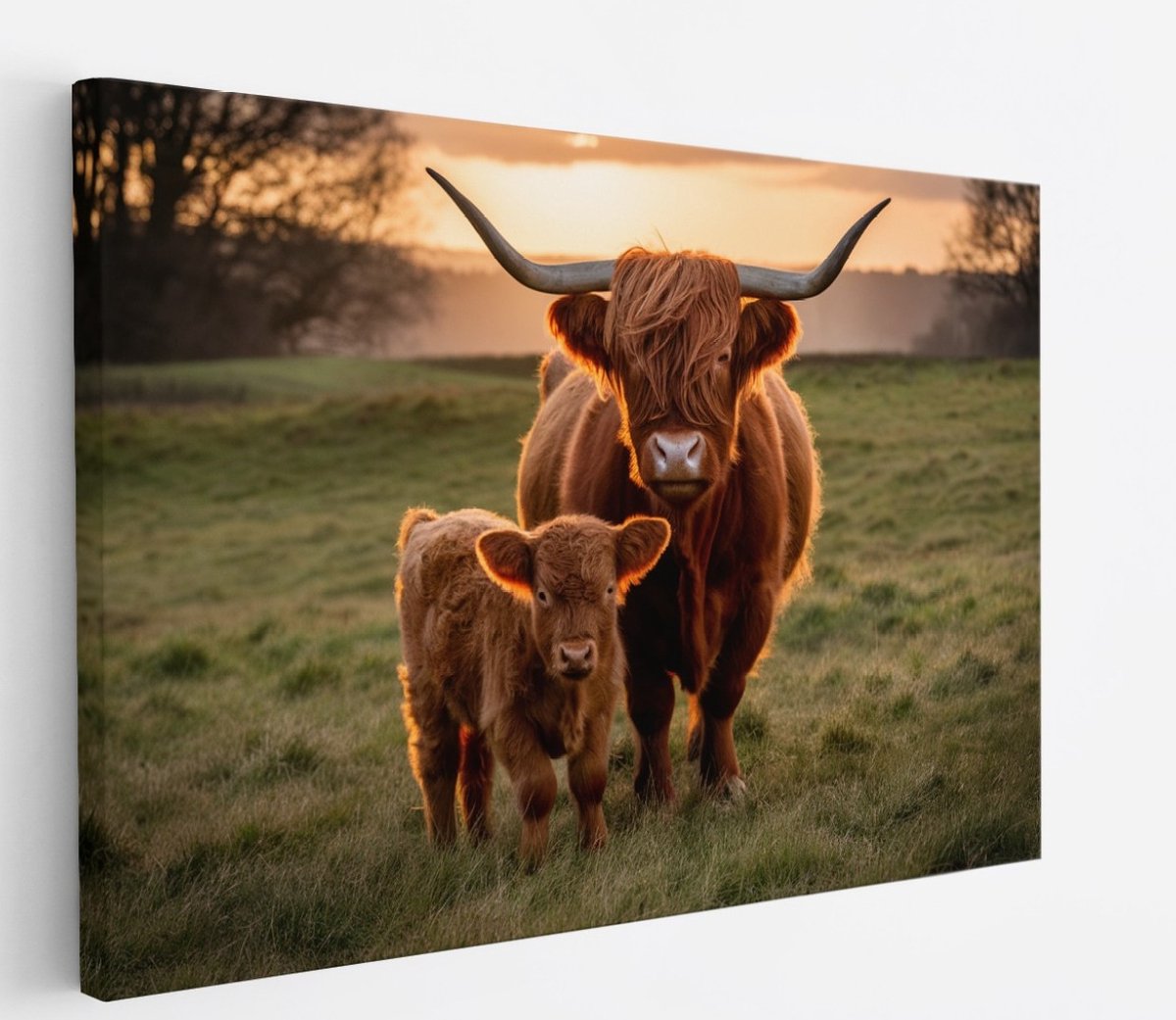 Saammp Canvas Schilderij - Schotse Hooglander Koe tussen de roze bloesem - Dieren - Natuur - 120x80 - Foto op canvas - Wanddecoratie - muurdecoratie Woonkamer - Slaapkamer decoratie - Canvas Print Multicolor