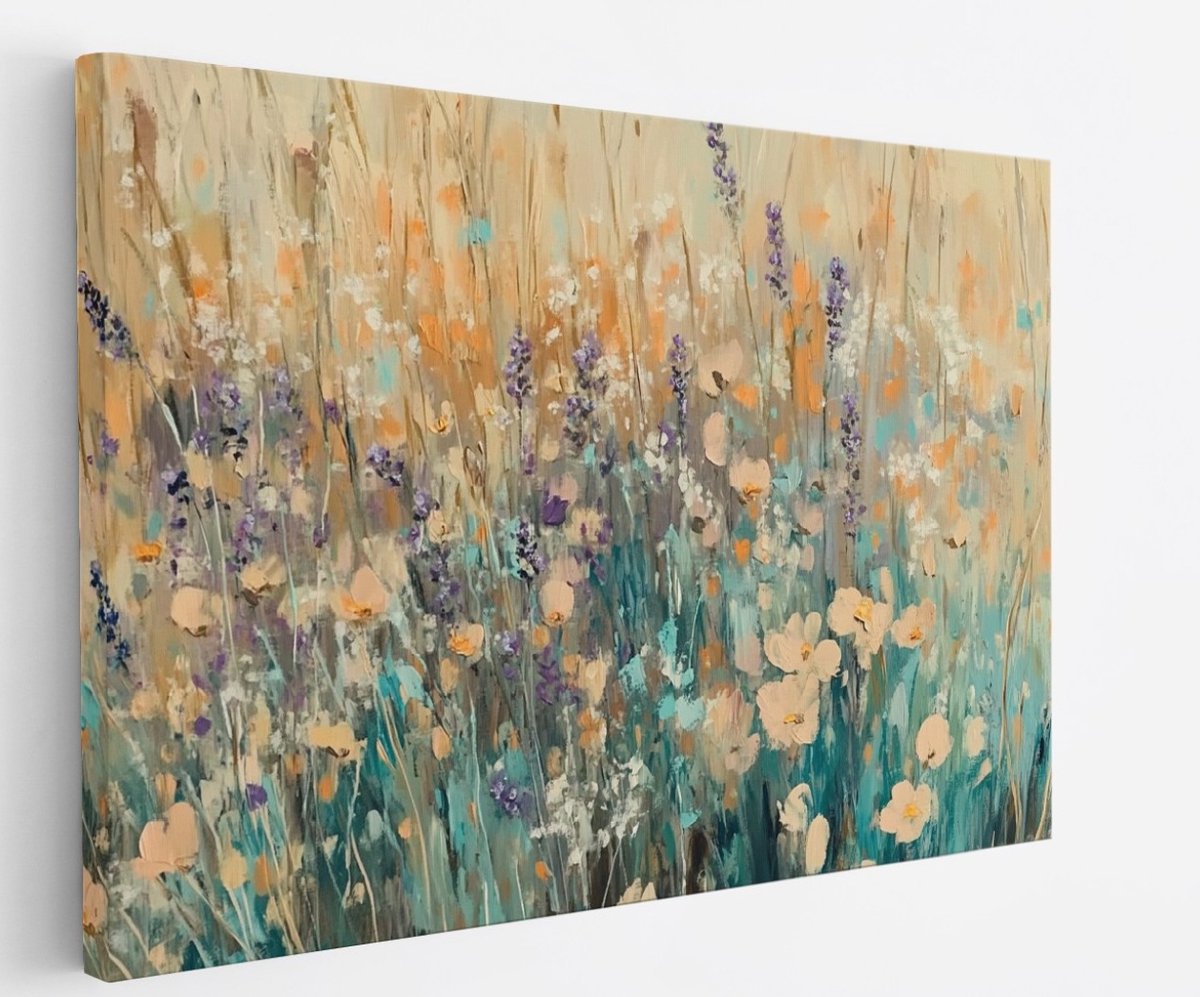 Saammp Canvas Schilderij - Kleurrijk Bloemenveld Schilderij - Abstract - 100x75 - Foto op canvas - Wanddecoratie - Modern Interieur - Woonkamer Decoratie Multicolor