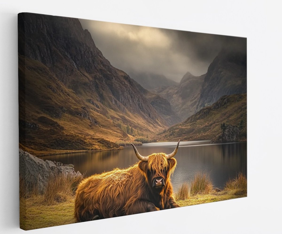 Saammp Canvas Schilderij - Schotse hooglander koe tussen de bergen - Natuur - Dieren - 60x40 - Foto op canvas - Wanddecoratie - Muurdecoratie Woonkamer - Slaapkamer decoratie - Canvas Print Multicolor
