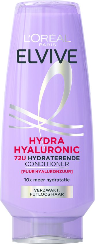 Bouteille violette d'après-shampooing L'Oréal Elvive Hydra Hyaluronic avec texte blanc et rose.