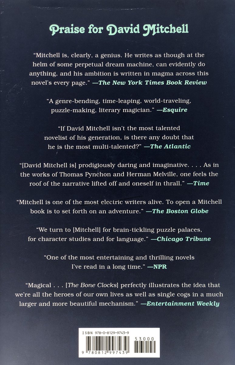 Achterkant van het boek 'Utopia Avenue' met positieve recensies van David Mitchell.