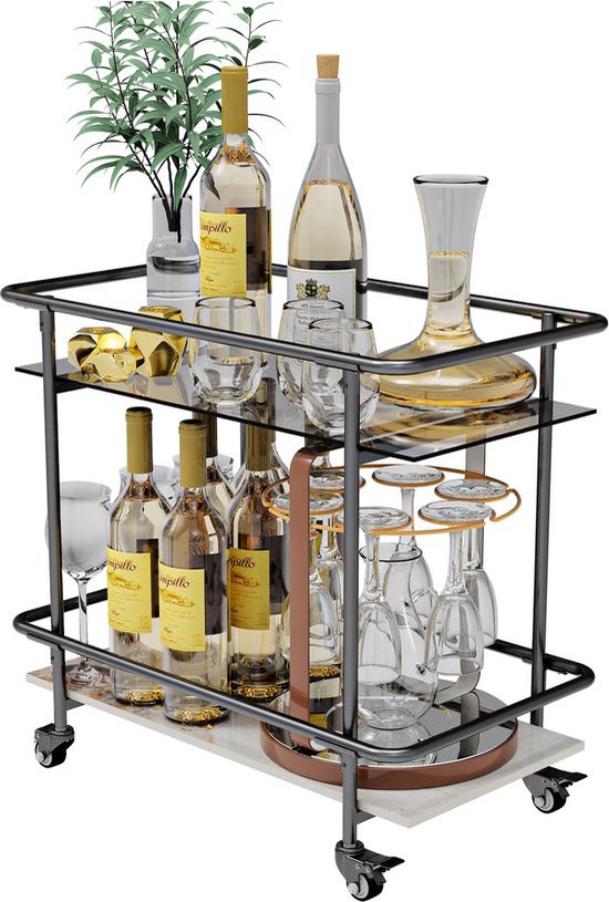 Chariot De Bar Mobile 3 étages - 80x36x100 Cm, Roues Bloquables, Doré - 9