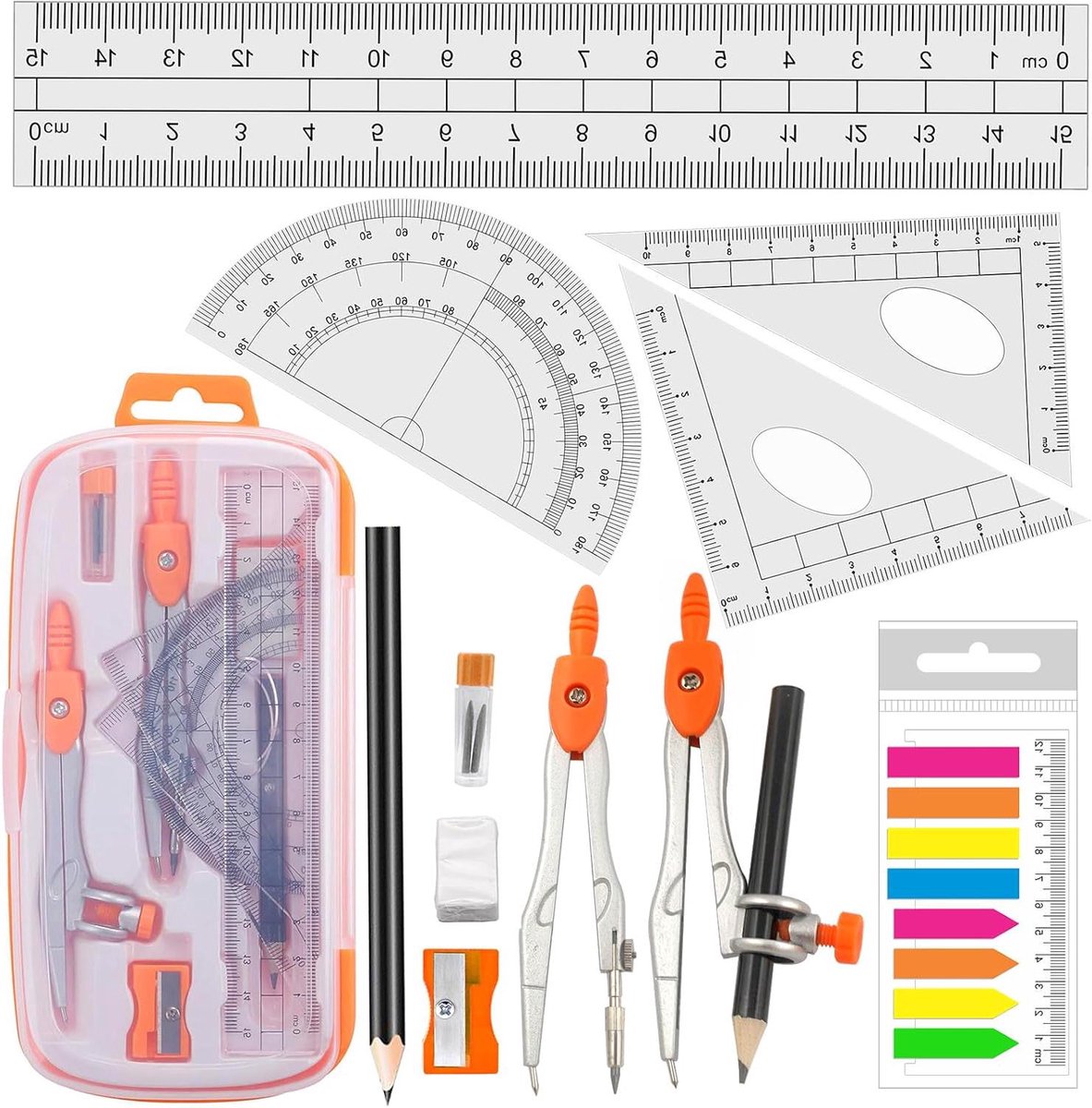 Geometrie Kit met Gradenboog en Kompas - Ondersteunt Wiskunde - 4 Stuks - Oranje