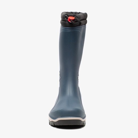 Blauwe Dunlop kinderlaars met zwarte voering en rode veterstopper.