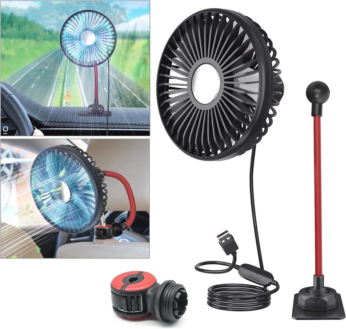 Draagbare USB Auto Hoofdsteun Ventilator - 5V 1A Met 3 Snelheden en 360° Rotatie