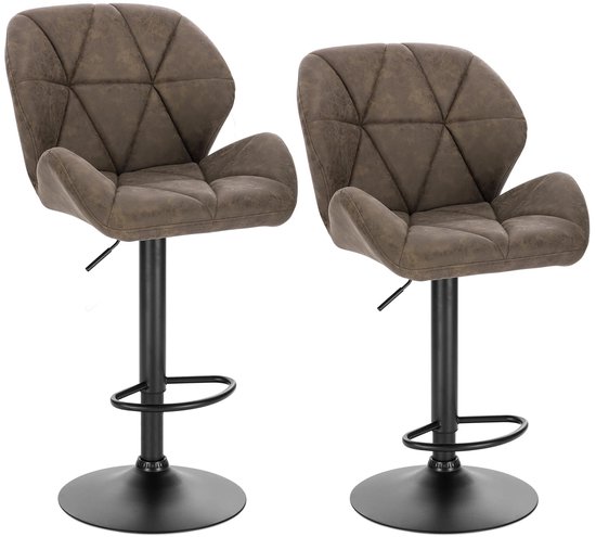 Tabouret de bar réglable - Tabouret de bar - Tabourets de bar avec dossier - Set de 2 - Rotatif à 360° - Ressort à gaz - Repose-pieds en acier - Siège en cuir - Cuir marron foncé