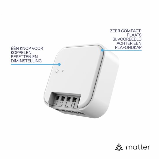 Witte, compacte inbouwschakelaar met aansluitingen L, S, L, N en een knop. Matter logo onderaan.