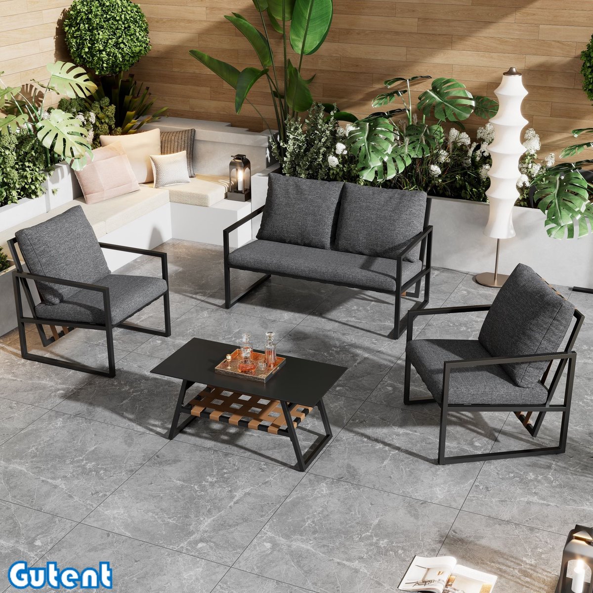 Gutent Tuinmeubelset - Tuinlounge voor 4 - met Sofa, Salontafel en Kussens - Afneembare Stoffen Hoes - Zwart