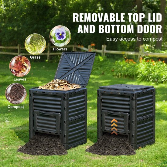 Twee zwarte compostbakken, één met open deksel en bladeren erin. "REMOVABLE TOP LID AND BOTTOM DOOR" staat erbij.