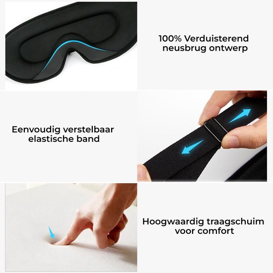 Detailopnames van zwart slaapmasker: 100% verduisterend neusbrugontwerp, verstelbare elastische band en hoogwaardig traagschuim.