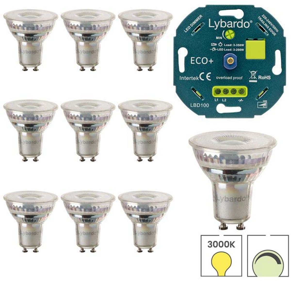 Lybardo - GU10 LED lamp - 10 pack - 5.5W - Dimbaar - Modern Warm wit + LED Dimmer 3-200W