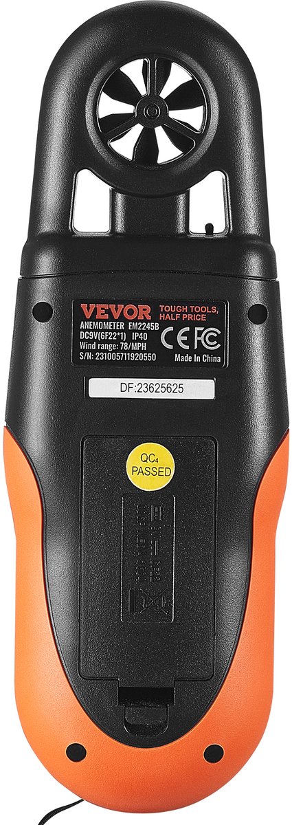 VEVOR Anemometer 78,4mph Luchtsnelheidsmeter 191x67x43mm Anemometer Ip44 Windmeter Windsterktemeter Max/Min/Avg/Cu Windsnelheidsgegevens Bluetooth Snelheidsmeter