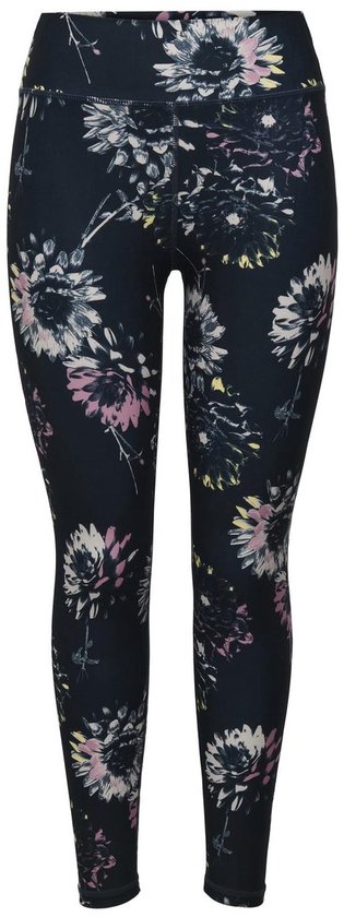 Dames legging met donkere bloemenprint in wit, roze en geel.