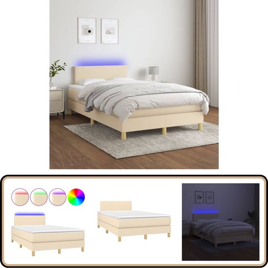 vidaXL Boxspring met matras en LED - Crème - 120x200 cm Boxspring - Led Bed - Tweepersoons Bed - Creme Bed - Pocketed Spring Mattress
