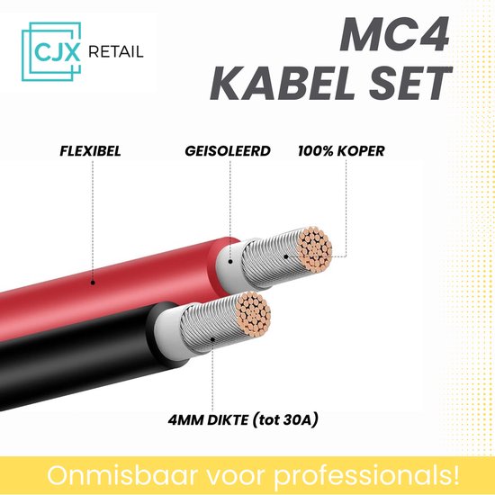 MC4 kabel set met rode en zwarte 4mm dikke kabels, 100% koper.