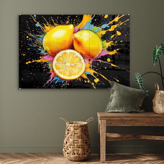 MuchoWow® Glasschilderij 120x80 cm - Schilderij acrylglas - Citroen - Graffiti - Kleurrijk - Verf - Modern - Foto op glas - Muurdecoratie woonkamer - Wanddecoratie slaapkamer - Schilderijen