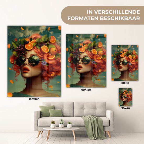 MuchoWow® Glasschilderij 30x40 cm - Schilderij acrylglas - Vrouw - Sinaasappel - Bessen - Oranje - Foto op glas - Muurdecoratie woonkamer - Wanddecoratie slaapkamer - Schilderijen