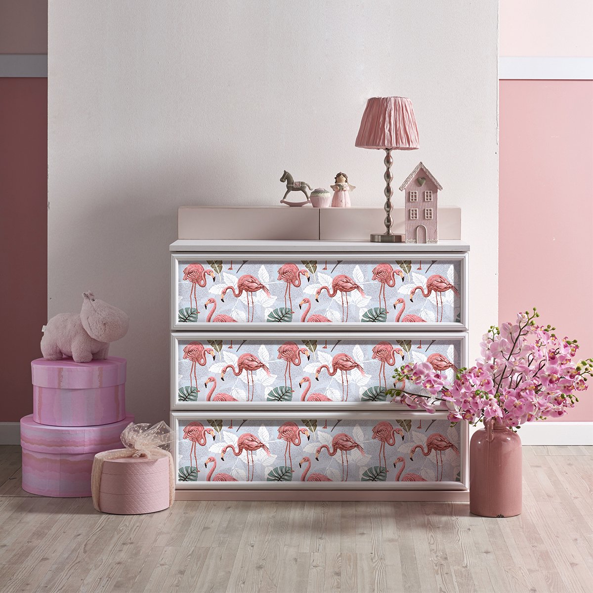 Ambiance Sticker Tropische meubelsticker met roze flamingo's, 40 x 60 cm Multi color