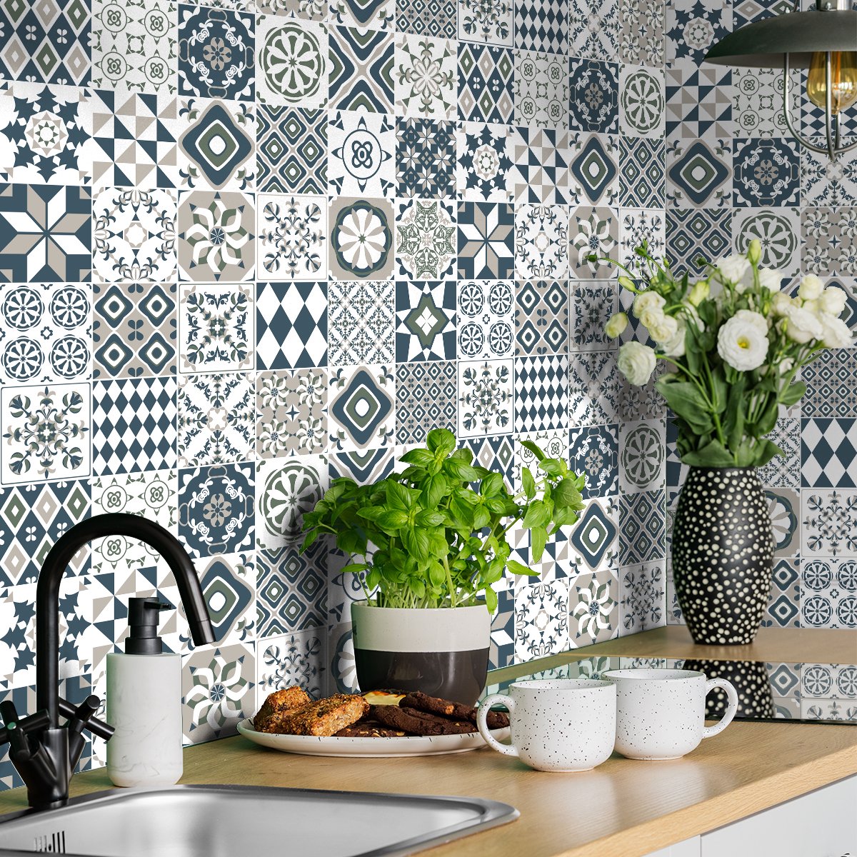 Ambiance Sticker Zelfklevende tegelmuurstickers voor keuken en badkamer - 30 cementtegelstickers, Azulejos Donito - 30 stickers, 10x10cm Multi color