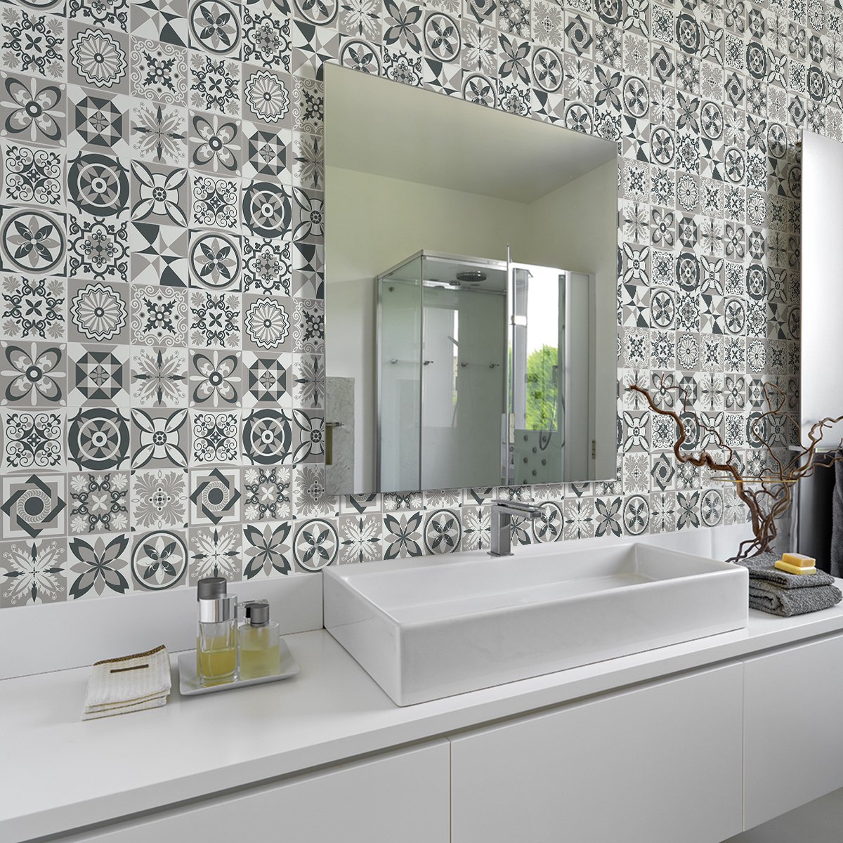 Ambiance Sticker Zelfklevende tegelmuurstickers voor keuken en badkamer - 30 cementtegelstickers (AZULEJOS JUONAS) - 30 stickers 10x10cm Multi color