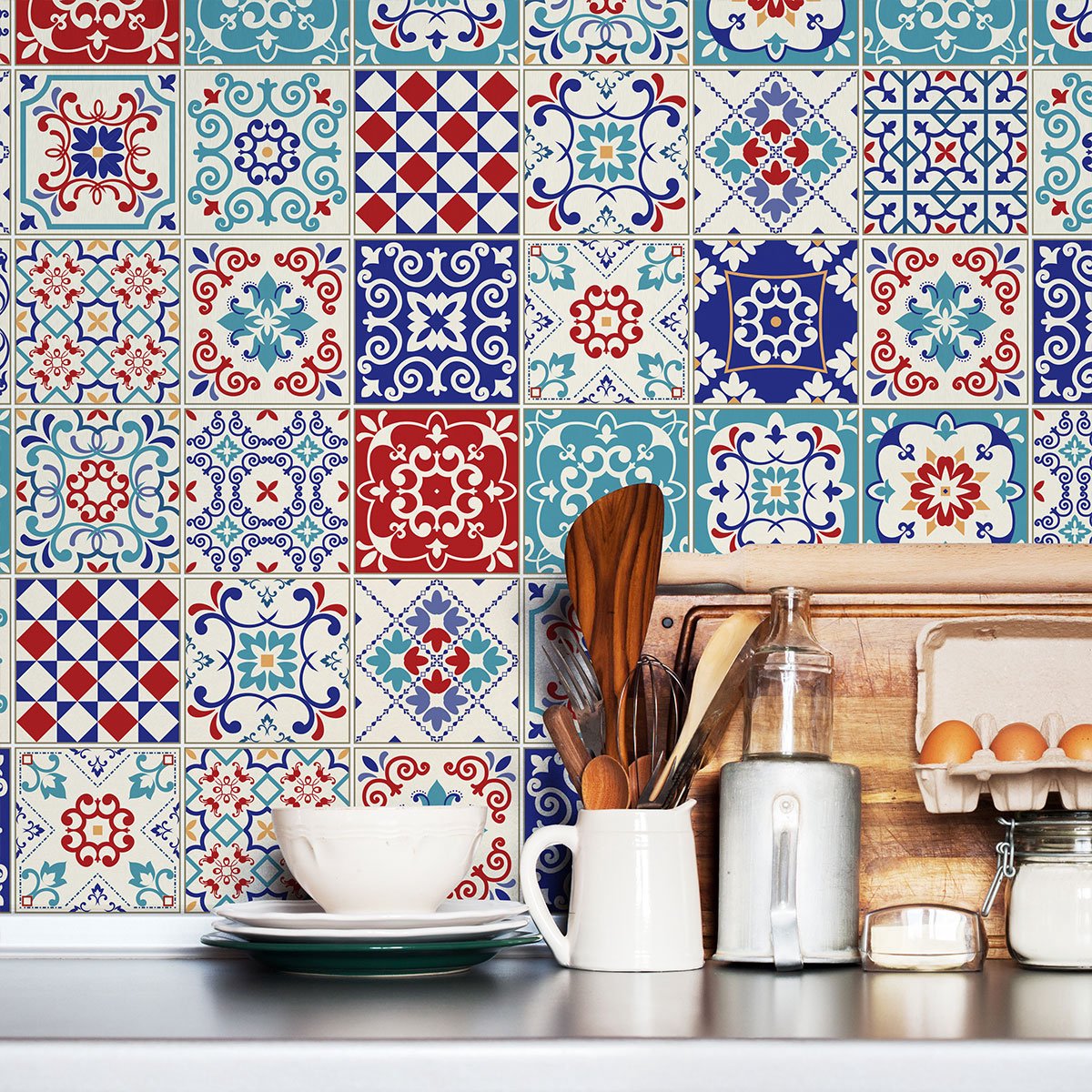 Ambiance Sticker Zelfklevende tegelmuurstickers voor keuken en badkamer - 60 cementtegelstickers, Azulejos Flavia - 60 stickers, 15x15cm Multi color