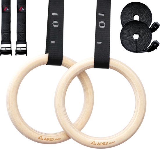 APEX MOTION Houten Gym Ringen – Turnringen 28mm – Gymnastiekringen – Draagkracht tot 700KG – CrossFit – Fitness – FIG