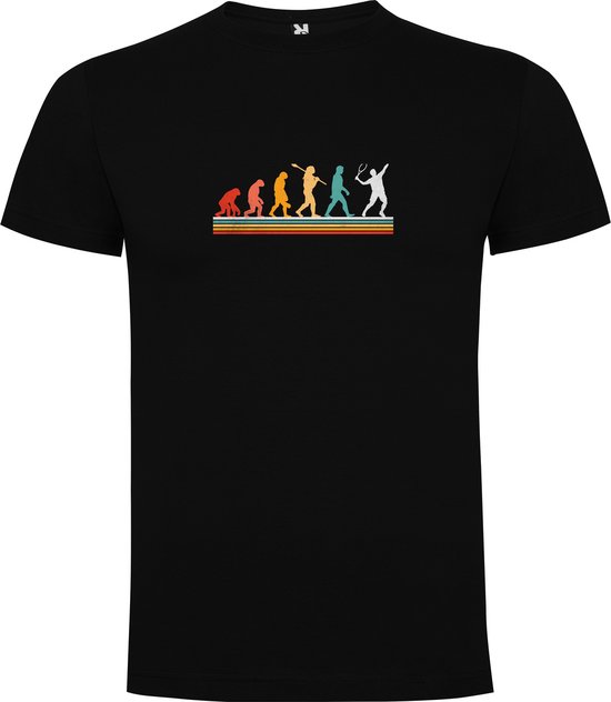 Zwart T-Shirt met “Kleurrijke Evolutie van het Tennis – Sport – Humor “ Print Full Color Maat L