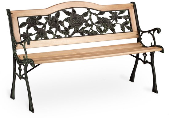 Een houten parkbank met een rugleuning van groen gietijzer met rozenmotief.