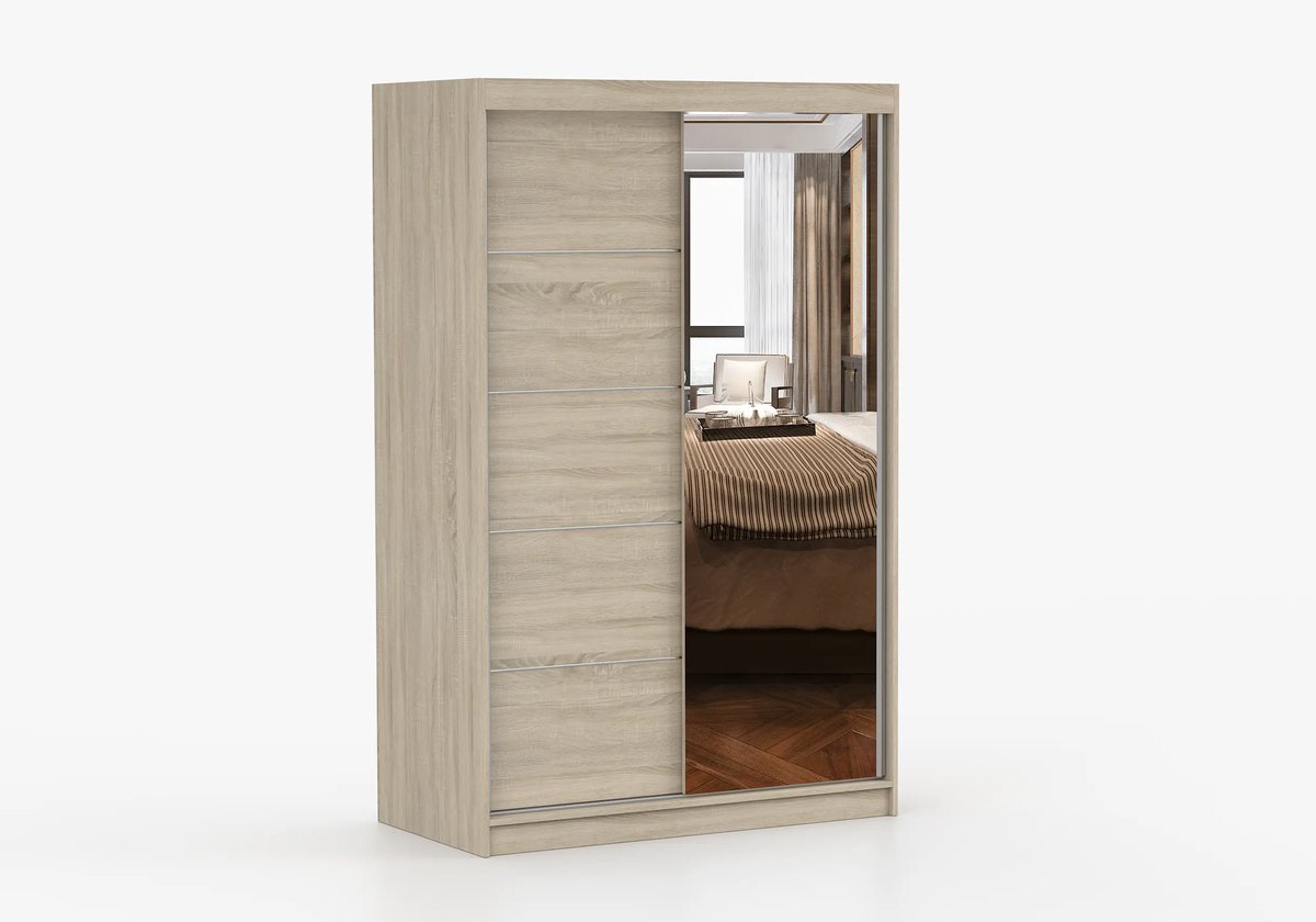 Schuifdeurkast NOAH 05 – 2-deurs kledingkast met spiegel, legplanken en kledingroede – modern design – 120x200x61 cm - NOAH 05 (Sonoma)