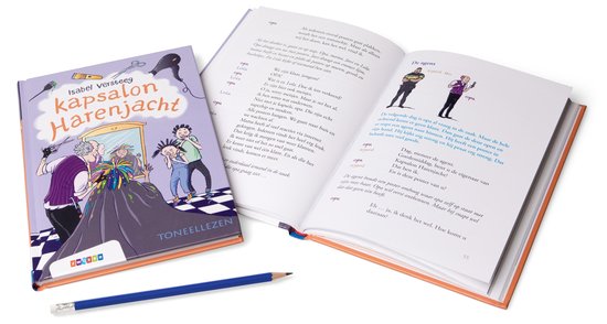 Boek 'Kapsalon Harenjacht' met illustraties van kapper, vrouw met pruik en kinderen.