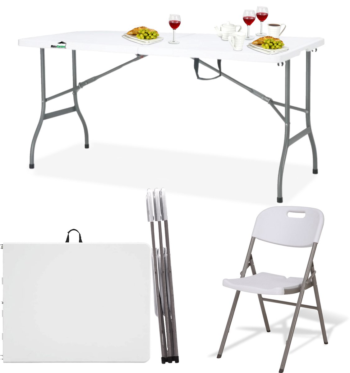 MaxxGarden Vouwtafel - Campingtafel - Inklapbare Picknickset - Campingset met 4 stoelen - 152cm - Wit