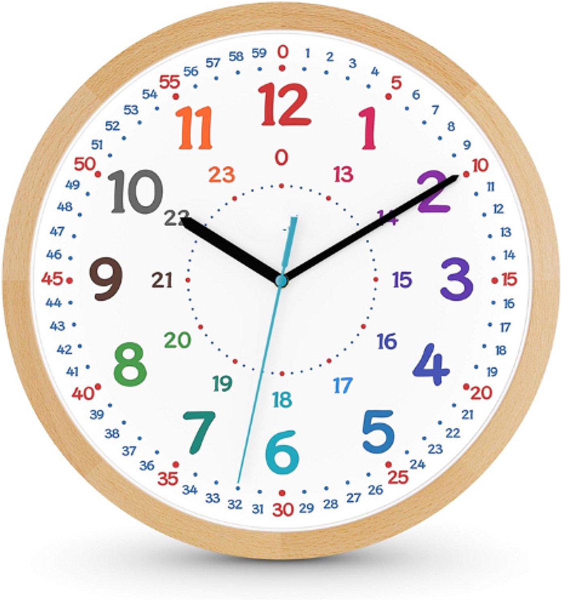 MNU 11230 Wandklok Voor Kinderen - Hout - 30,5 Cm - Leren Wijzerplaat - Houten Klok - Stille Houten Klok - Massief Hout - Houten Frame Voor Kinderen - Zonder Tikken