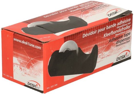 Kartonnen verpakking met een afbeelding van een zwarte plakbanddispenser, met de tekst 'Adhesive tape dispenser 19mm/33m black'.
