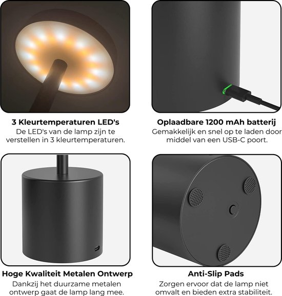 Boncy® Lampe de Table de Luxe Lampe de Bureau Rechargeable & Tactile - LED Dimmable avec 3 options de chaleur - Lampe de Bureau Industrielle Zwart Mat 35cm - Veilleuse Table Chambre Salon ou Lampe de Chevet - Adultes Bébé et Enfants - Lampes de table