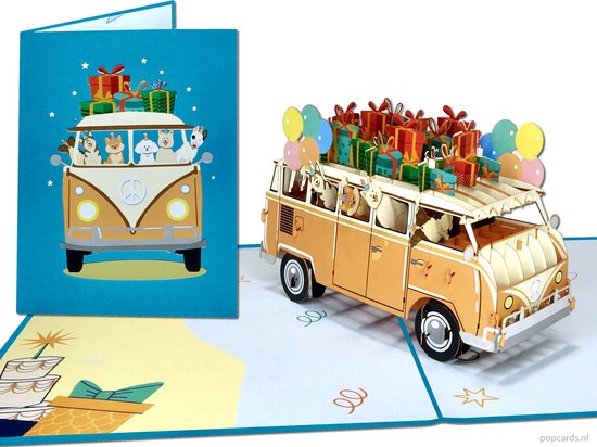 Carte pop-up Popcards.nl - Chiens heureux dans une Volkswagen pleine de cadeaux et de ballons Carte pop-up de Fête d'anniversaire Anniversaire Anniversaire Carte d'anniversaire Carte de voeux Carte 3D