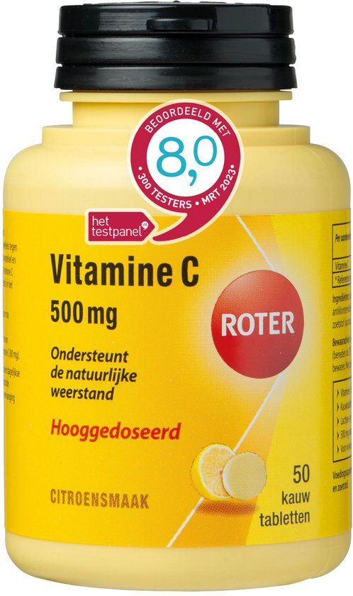 Roter Vitamine C 500mg Hooggedoseerd - Hoge dosering vitamine C ter ondersteuning van je weerstand - 50 kauwtabletten met citroensmaak