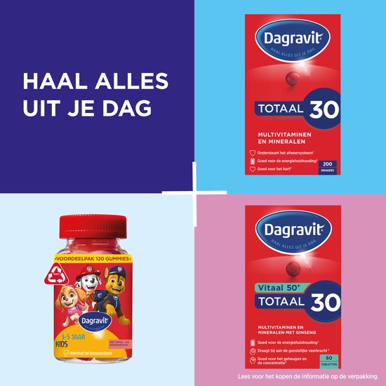 Collage: 2 rode verpakkingen Dagravit, 1 fles met 120 gummies voor kinderen, 3-5 jaar. Tekst 'haal alles uit je dag'.