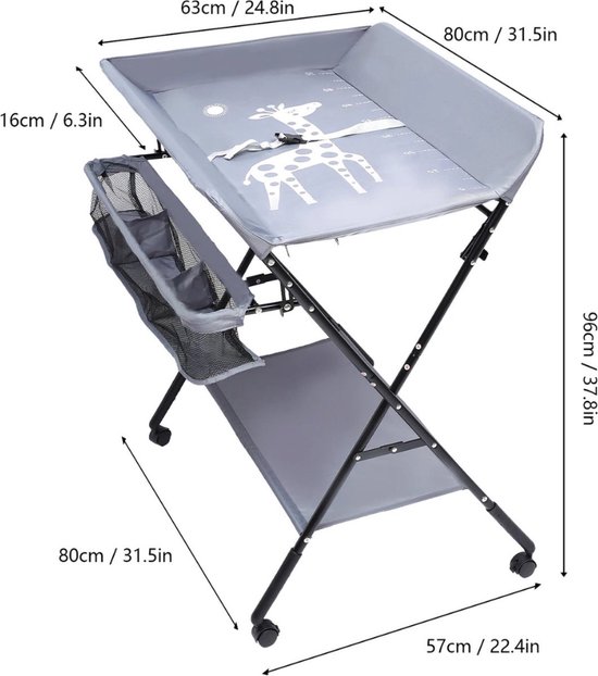 Verschoontafel baby Opvouwbaar en Draagbaar, in Hoogte Verstelbaar, Luiertafel, Verzorgingstafel Giraffe Patroon (Zwart