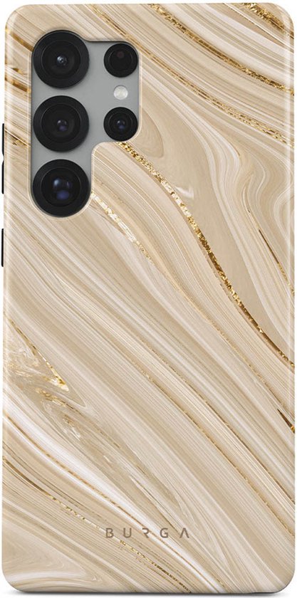 Telefoonhoes met marmerprint in beige tinten met gouden accenten.