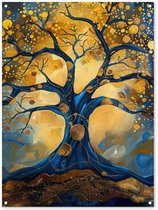 Tuinposter 90x120 cm - Tuindecoratie Boom - Levensboom - Blauw - Goud - Poster voor in de tuin - Buiten decoratie - Schutting tuinschilderij - Tuindoek muurdecoratie - Wanddecoratie balkondoek
